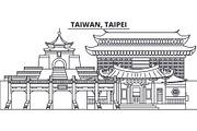Taiwan, Taipei line skyline vector illustration. Taiwan, Taipei linear cityscape with famous landmarks, city sights, vector landscape. 