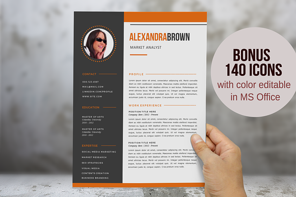 Orange 2 in 1 photo resume in Resume Templates - product preview 4