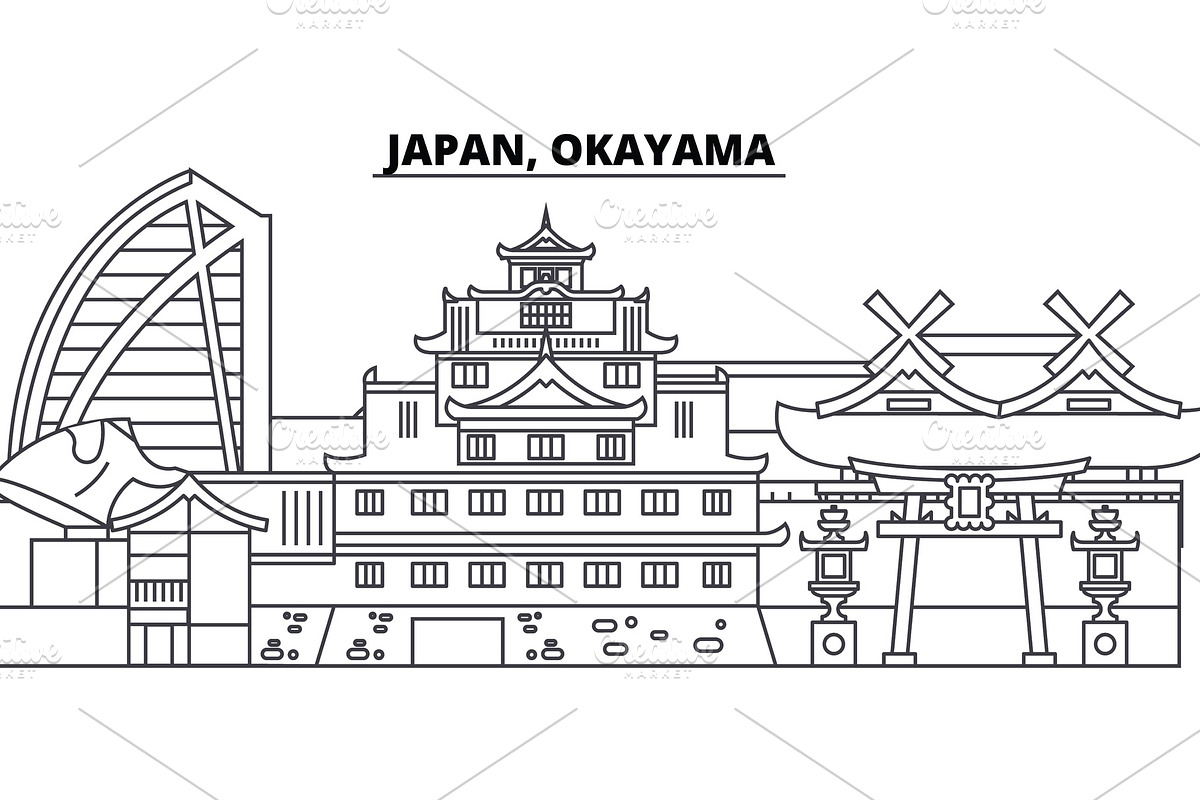 Japan, Okayama line skyline vector illustration. Japan, Okayama linear cityscape with famous landmarks, city sights, vector landscape.  in Illustrations - product preview 8