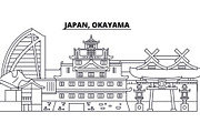 Japan, Okayama line skyline vector illustration. Japan, Okayama linear cityscape with famous landmarks, city sights, vector landscape. 