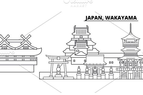 Japan, Wakayama line skyline vector illustration. Japan, Wakayama linear cityscape with famous landmarks, city sights, vector landscape. 