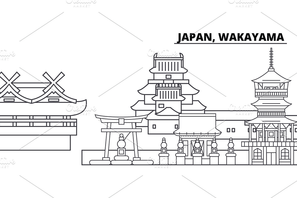 Japan, Wakayama line skyline vector illustration. Japan, Wakayama linear cityscape with famous landmarks, city sights, vector landscape.  in Illustrations - product preview 8