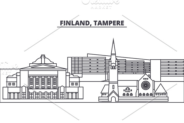 Finland, Tampere line skyline vector illustration. Finland, Tampere linear cityscape with famous landmarks, city sights, vector landscape. 