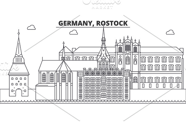 Germany, Rostock line skyline vector illustration. Germany, Rostock linear cityscape with famous landmarks, city sights, vector landscape. 