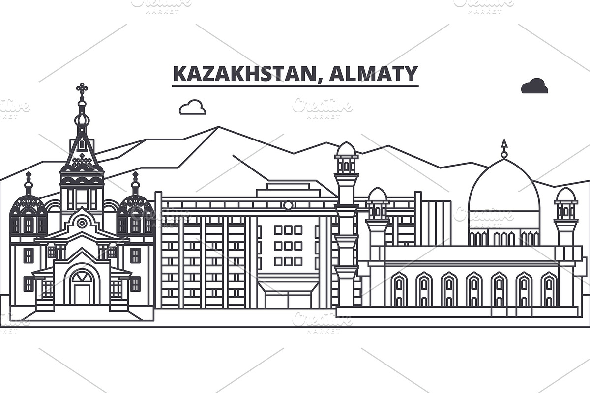 Kazakhstan, Almaty line skyline vector illustration. Kazakhstan, Almaty linear cityscape with famous landmarks, city sights, vector landscape.  in Illustrations - product preview 8