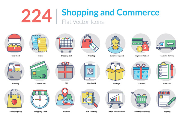 224 Shopping and Commerce Flat Icons