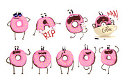 Funny pink donut cartoon character set, cute doughnut with different emotions vector Illustrations