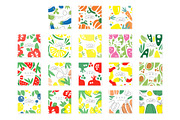 Vegetable cards collection original design, posters with eggplant, pepper, carrot, avocado, beet vector illustrations