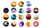 Set of wild nature round landscape, mountain l scenery at different times of day vector illustrations