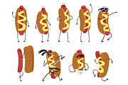 Set of funny cartoon hot dog character in action. Fast food concept. Flat vector illustration