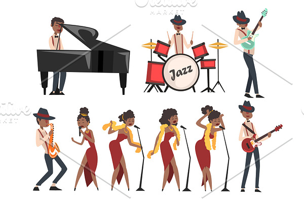 Flat vector set of jazz artists characters isolated on white. Black man playing drums, grand piano, electric guitar, and saxophone. Woman singer in different poses