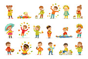 Autumn children s outdoor seasonal activities set. Collecting leaves, playing and throwing leaves, picking mushrooms, walking. Flat cartoon vector.