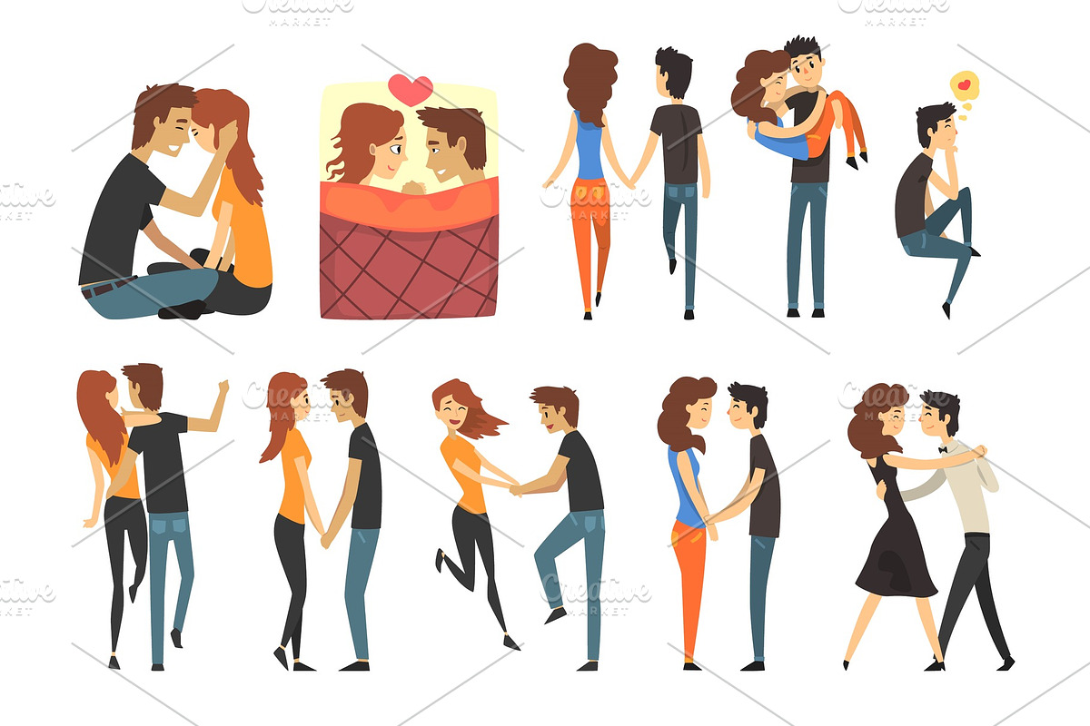 Romantic dinner dating couples set. Lovers walking, dancing, holding hands, guy carrying the girl in his arms, man thinking of love. Flat vector. in Illustrations - product preview 8