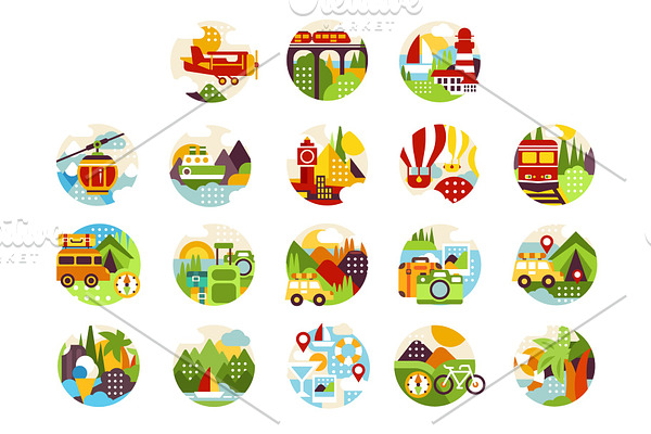 Collection of flat natural circle logo with landscape, city veiw and different types of vehicle. Design elements for travel agency or infographic