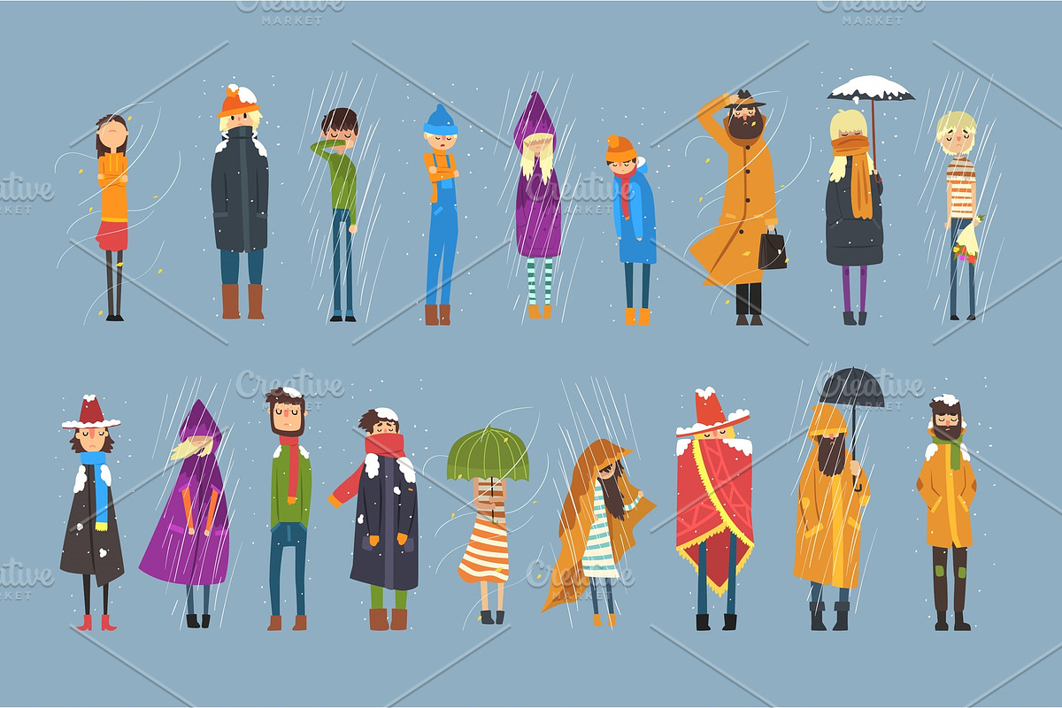 Cartoon flat people characters set freezing outside. Rainy and snowy weather. Boy with bouquet of flowers, man in raincoat, girl with umbrella in Illustrations - product preview 8