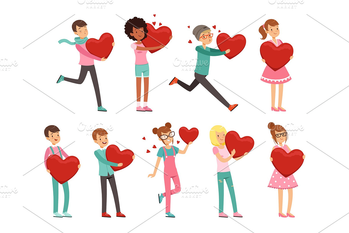 Cute enamored people characters set with paper red hearts in hands. Preparing for Valentine s Day. Flat vector on white. in Illustrations - product preview 8