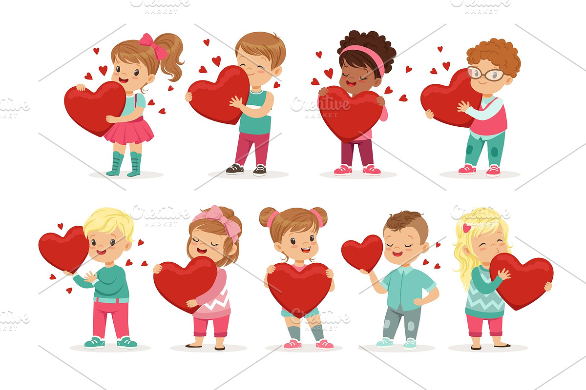Set of cute kids characters with paper red hearts in hands. Cute cartoon illustration of boys and girls. Flat vector on white. in Illustrations - product preview 8