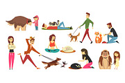 Happy people with their cats set, cute pets with their owners cartoon vector Illustrations