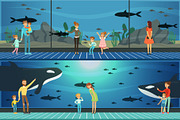 People visiting an oceanarium set of vector Illustrations, parents with children watching underwater scenery with sea animals