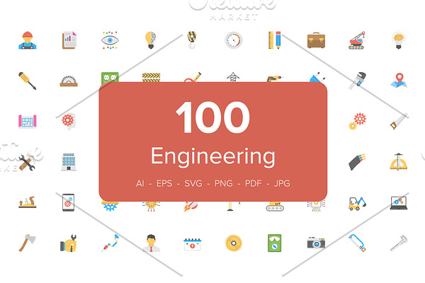 100 Engineering Flat Vector Icons 