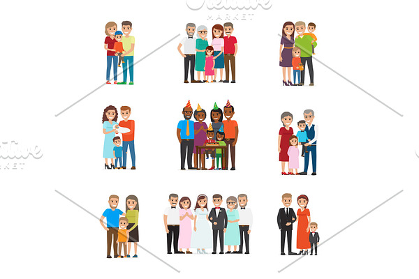 Set of Celebrating Family Holidays People Vector