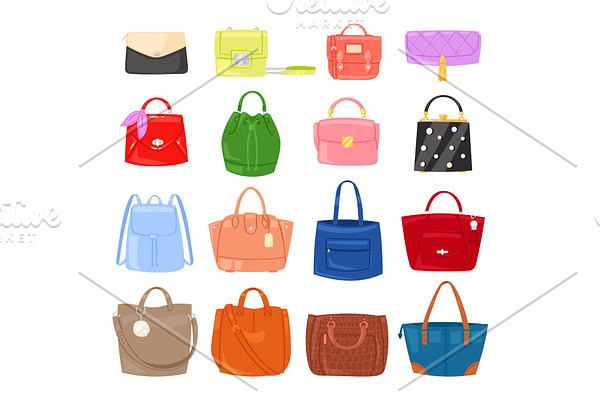 Woman bag vector girls handbag or purse and shopping-bag or clutch from fashion store illustration baggy set of shoppers bagged package isolated on background
