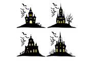 Set of halloween castle with bats black silhouette on the hill. Vector illustration.