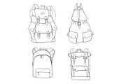 Hand drawn sketch outline backpack set isolated on white background