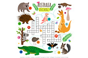Australian animals crossword. Kids words brainteaser, word search puzzle vector game