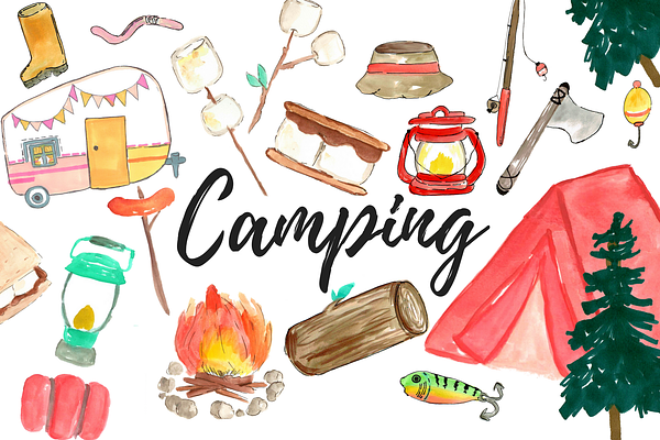 Large Watercolor Camping Clipart Set