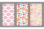 Phone case collection. Closeup beautiful lips of woman with red lipstick and gloss. Sexy wet lip make-up. Open mouth. Sweet kiss.Retro mobile phone decals. Vector illustration