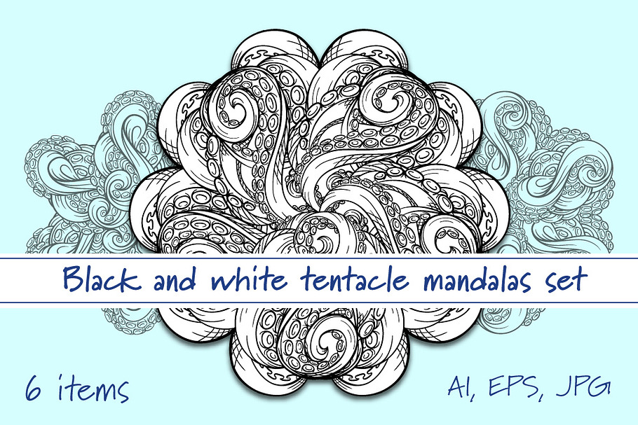 Black and white tentacle mandalas se in Illustrations - product preview 8
