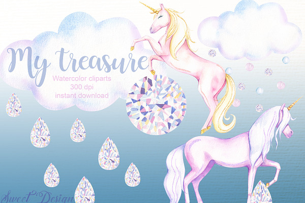 Unicorn and crystal cliparts