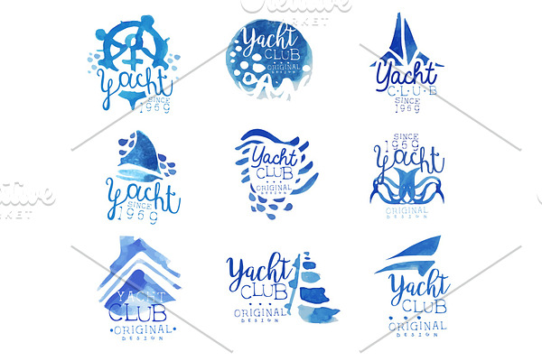 Yacht club, sailing sports or marine travel vector Illustrations for stickers, banners, cards, advertisement, tags