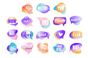 Colorful transparent speech bubbles with short phrases set of vector Illustrations