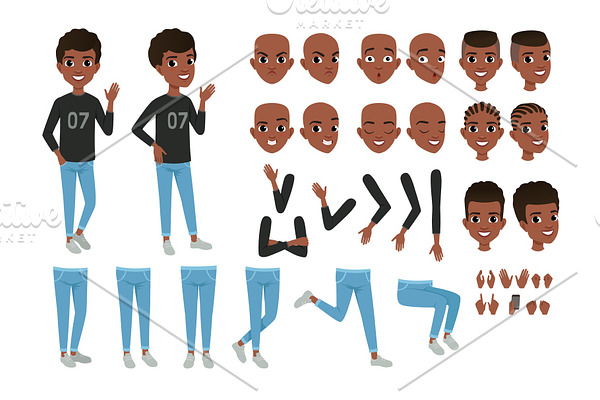 Teenager character constructor. Black boy s separate parts of body, different face expressions and haircuts. Isolated flat vector design