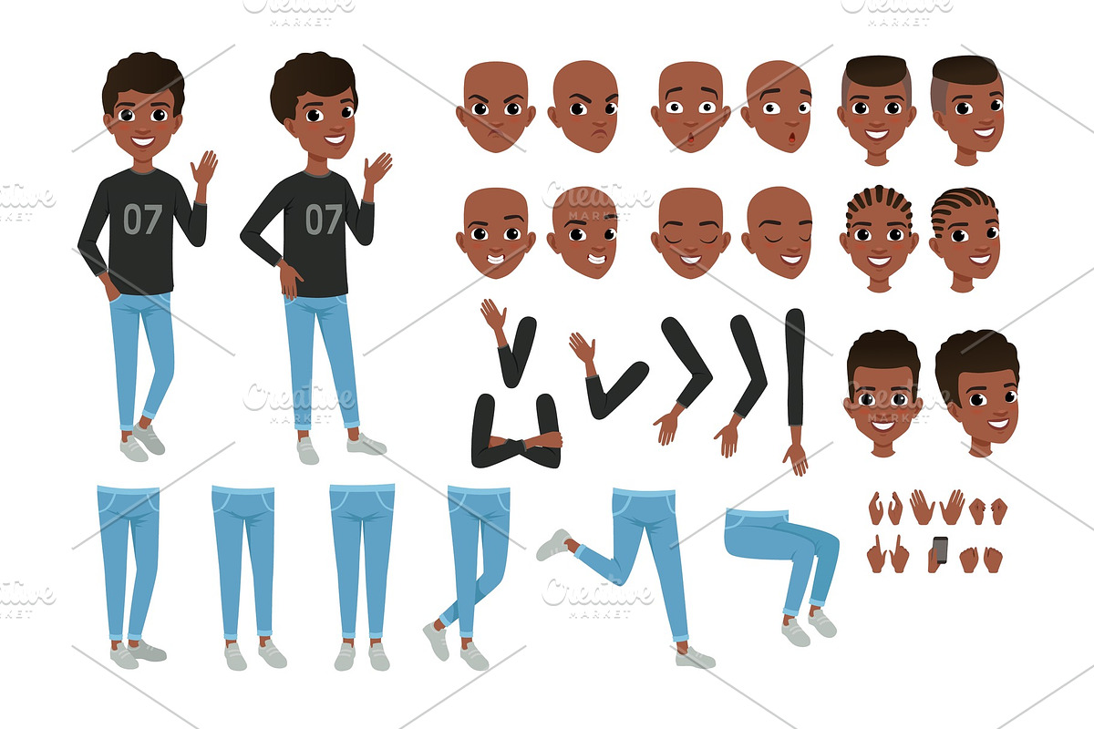 Teenager character constructor. Black boy s separate parts of body, different face expressions and haircuts. Isolated flat vector design in Illustrations - product preview 8