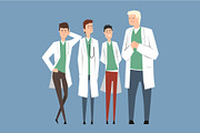 Hospital medical staff, doctors team. Flat men characters in medical white coats and uniform. Teamwork. Professionals stand in different poses. Vector illustration