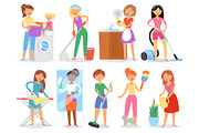 Housewife vector woman housekeeping and holding house clean with vacuum cleaner and washing machine or iron illustration set of female wifely household or casual routine isolated on white background