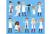 Scientist vector professional people character chemist or doctor researching medical experiment in scientific laboratory illustration set of woman or man with microscope isolated on background