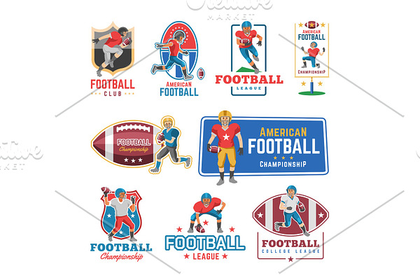 Soccer logo vector footballer or soccerplayer character in sportswear playing with soccerball on football pitch illustration set of footballing logotype with sportsman isolated on white background