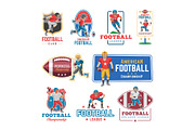 Soccer logo vector footballer or soccerplayer character in sportswear playing with soccerball on football pitch illustration set of footballing logotype with sportsman isolated on white background