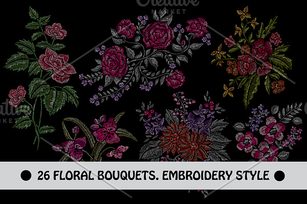 28 Flowers in Embroidery Style Set