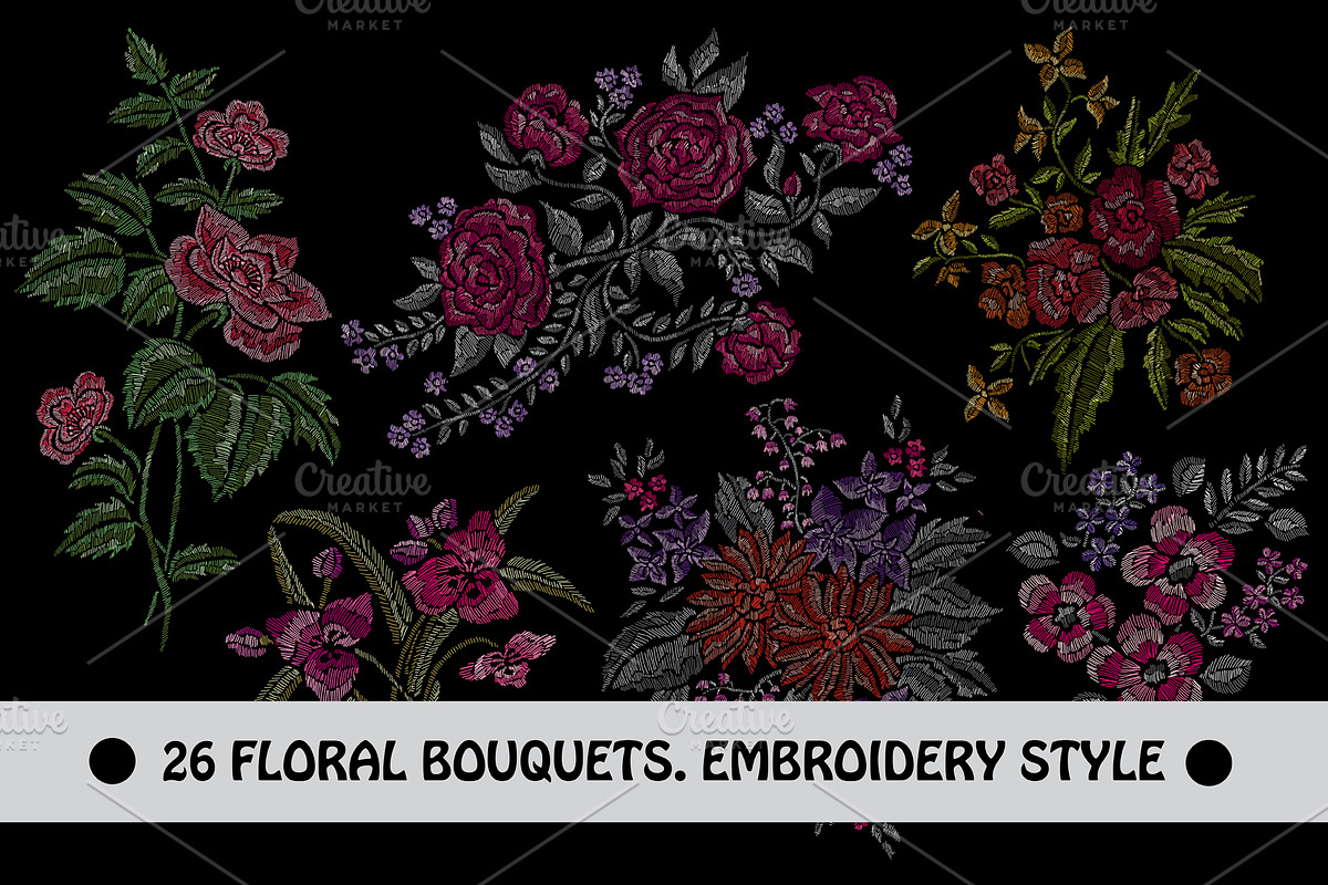 28 Flowers in Embroidery Style Set in Illustrations - product preview 8