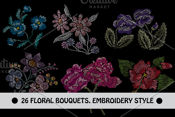 28 Flowers in Embroidery Style Set in Illustrations - product preview 1