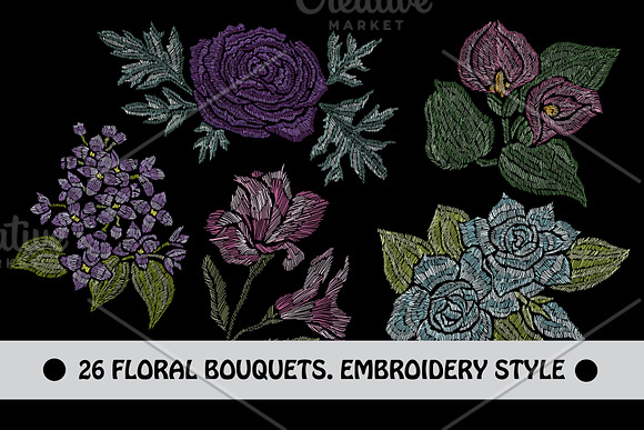 28 Flowers in Embroidery Style Set in Illustrations - product preview 2