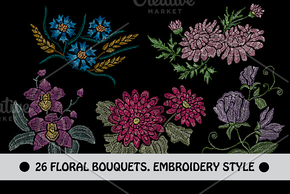 28 Flowers in Embroidery Style Set in Illustrations - product preview 3