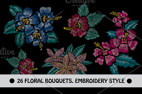 28 Flowers in Embroidery Style Set in Illustrations - product preview 4