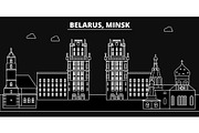 Minsk silhouette skyline. Belorus - Minsk vector city, belorussian linear architecture, buildings. Minsk travel illustration, outline landmarks. Belorussia flat icon, belorussian line banner