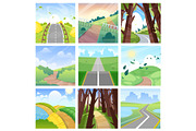 Road landscape vector roadway in forest or way to field lands with grass and trees in countryside illustration journey set of highway or roadside traveling in country